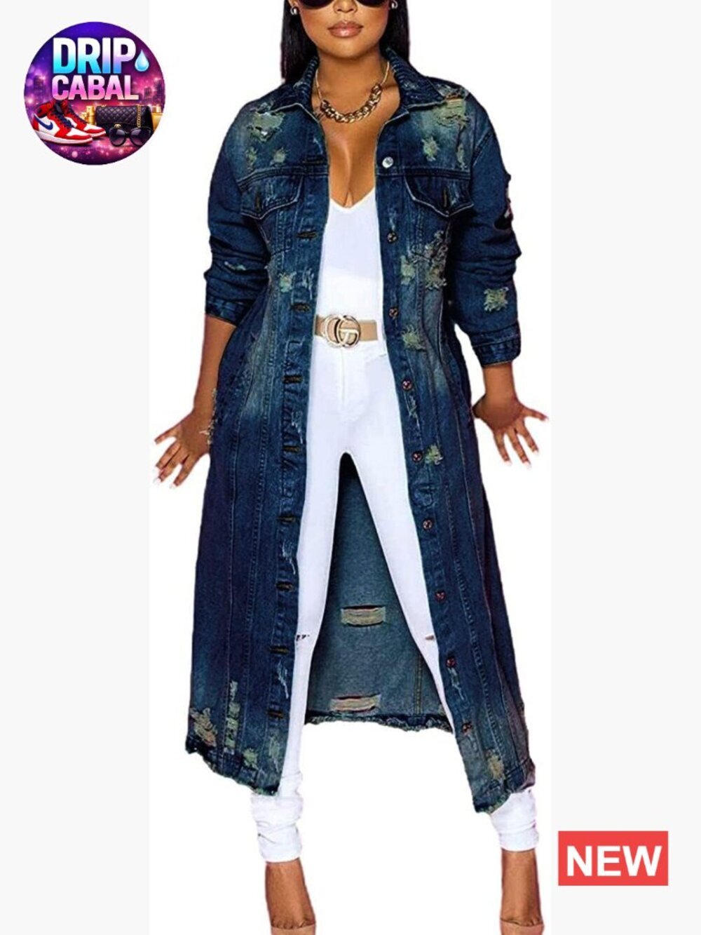 Ripped Distressed Long Denim Trench Jacket Coat